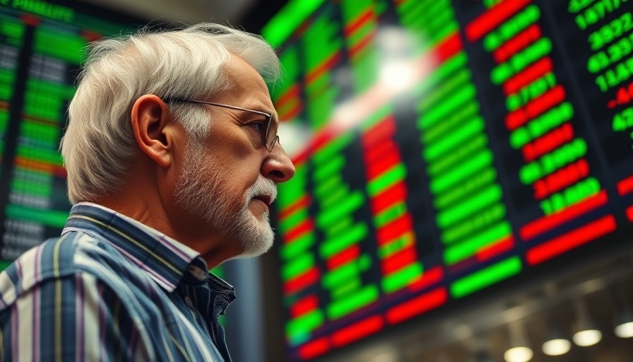 Impact of Trump tariffs on inflation and investment: an elderly man analyzes a stock market board indoors.