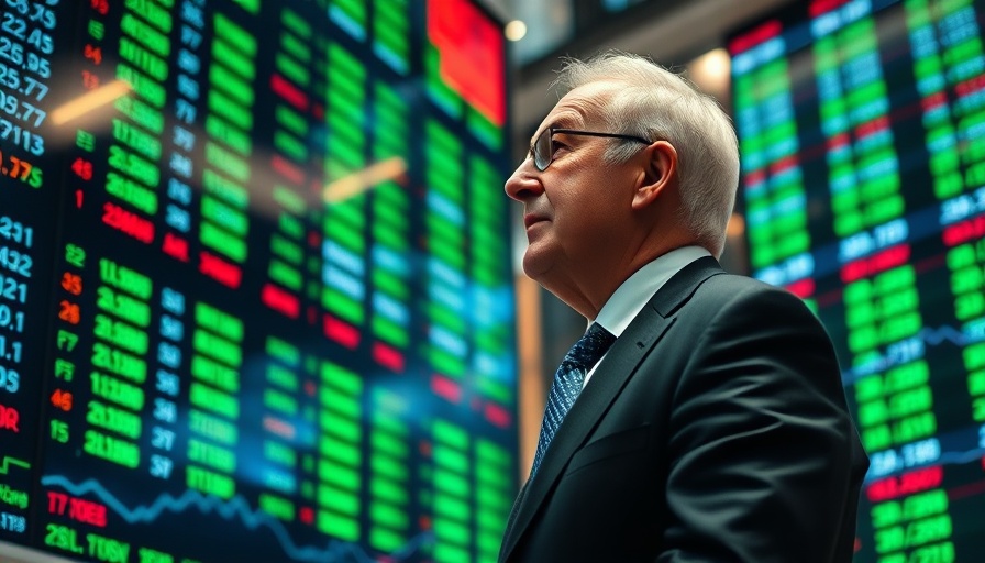Elderly man examining stock data on large screen in financial district.