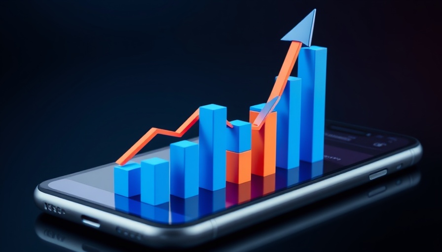 3D chart with rising bars on smartphone screen, stock market news.