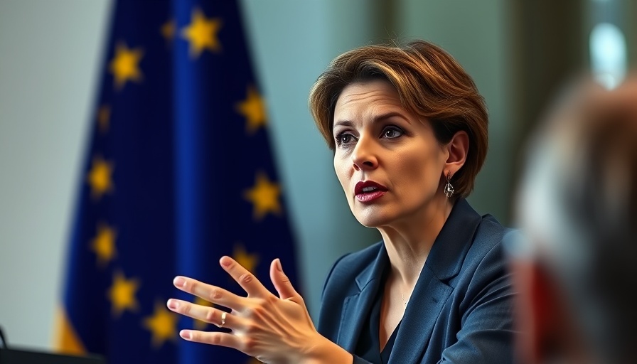 EU official addressing response to US tariffs, EU flag background.