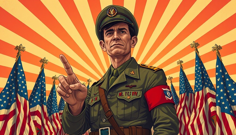 Surreal depiction of political figure with flags and radial design.