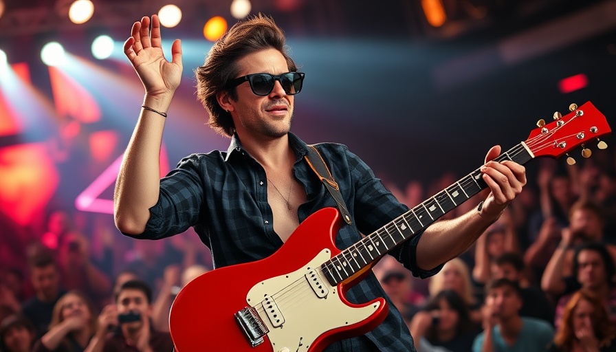 Energetic performer with guitar on stage, spotlight in the background.