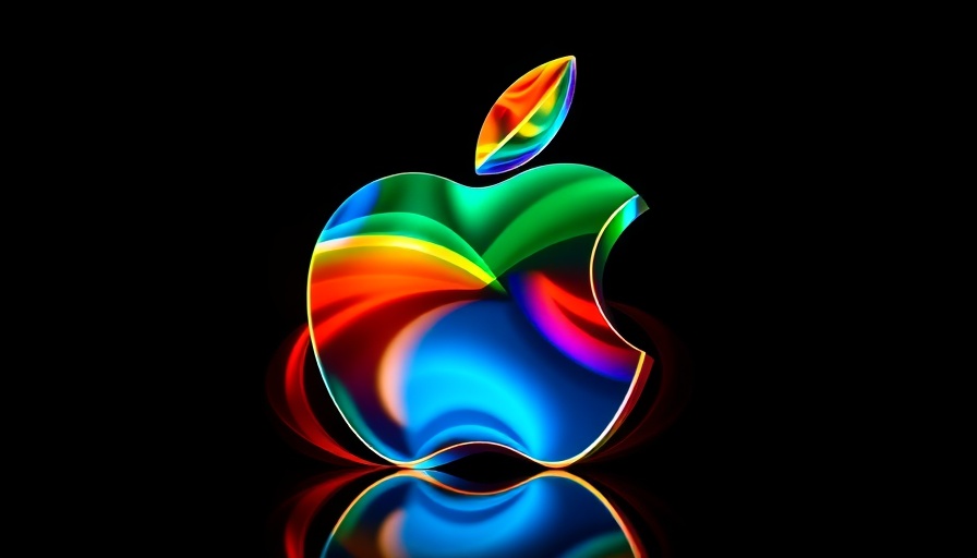 Colorful Apple logo glowing against black background.