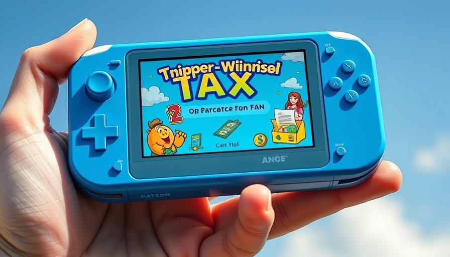 Fun tax preparation handheld game console with playful theme.