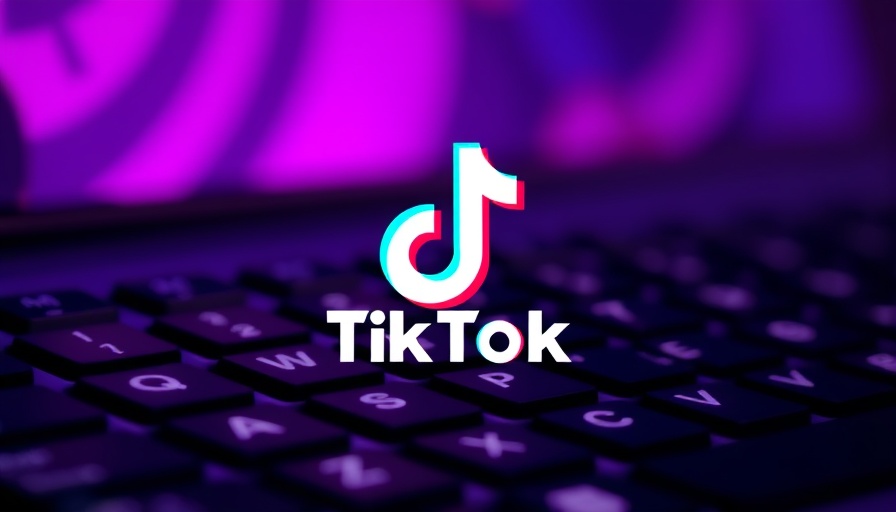 TikTok logo displayed over purple keyboard background.