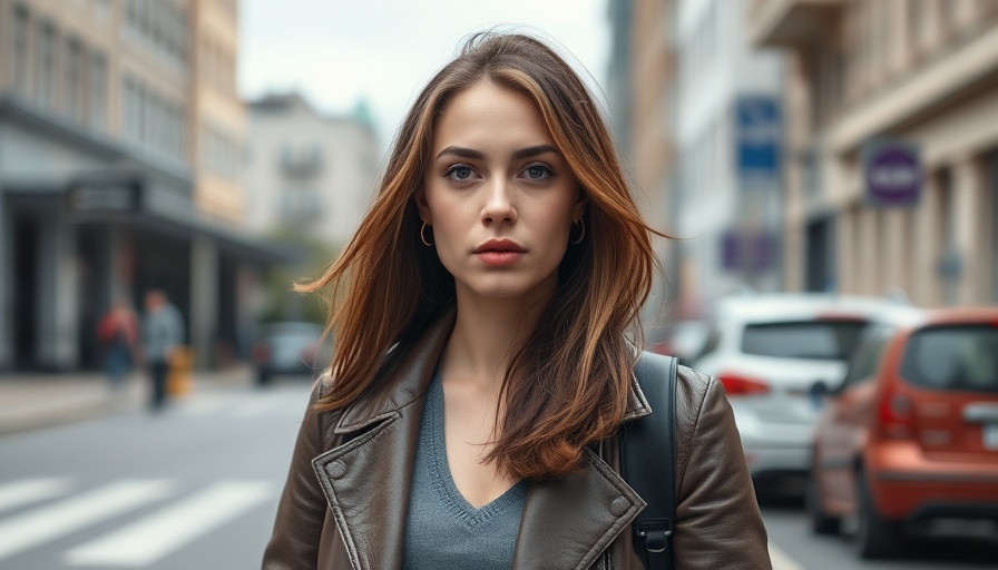Confident young woman walking with serious expression, urban setting.
