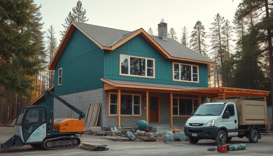 Stolen land scams: unfinished house in wooded area with construction equipment.