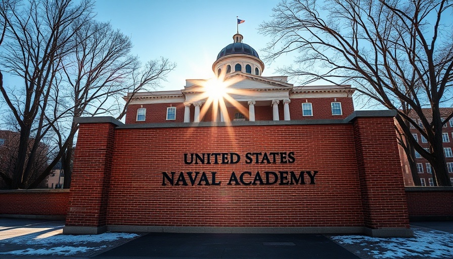 Naval Academy entrance against clear blue sky, emphasizing historical architecture.
