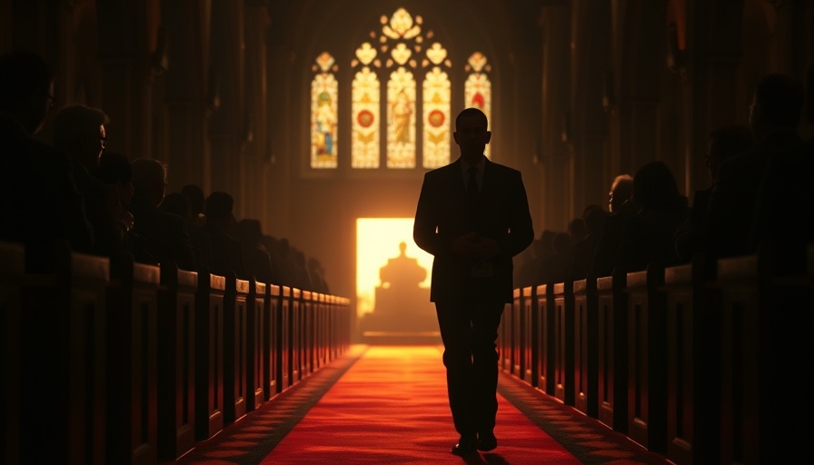 Dimly lit church interior with two figures walking, stained glass windows.