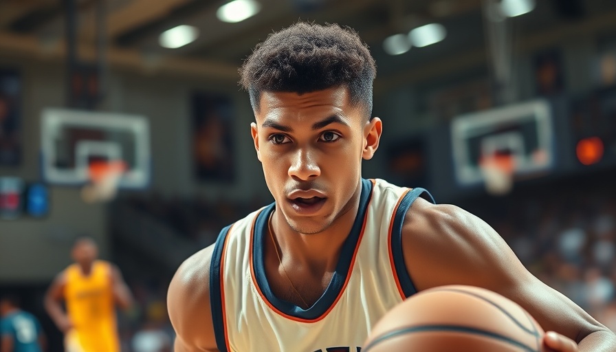 Focused basketball player dribbling intensely during a game.