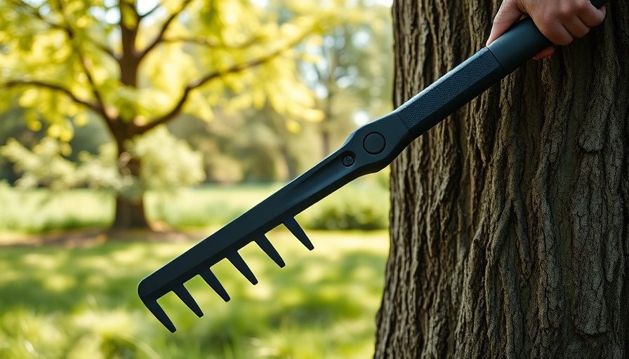 Close-up of Fiskars weed picker in use with tree background.
