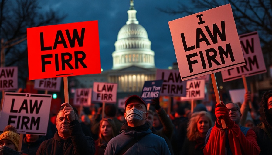 Protesters with signs against law firm, Capitol backdrop, political influence.