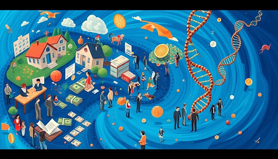 Abstract art showing how social structures shape DNA with symbolic elements.