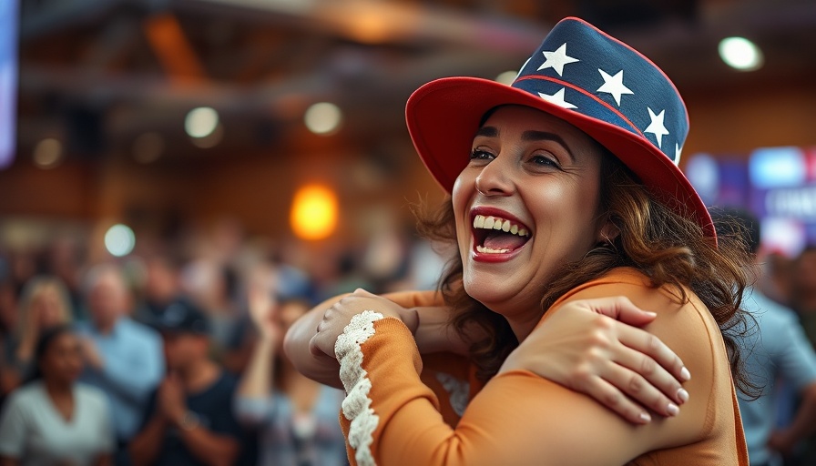 Happy woman celebrating election results with a joyful hug.