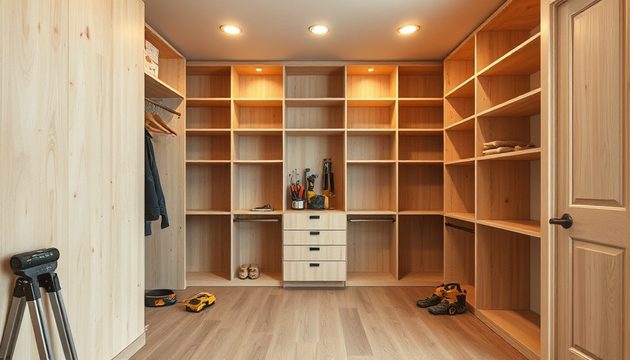 In-progress walk-in closet renovation with tools and wooden shelves.
