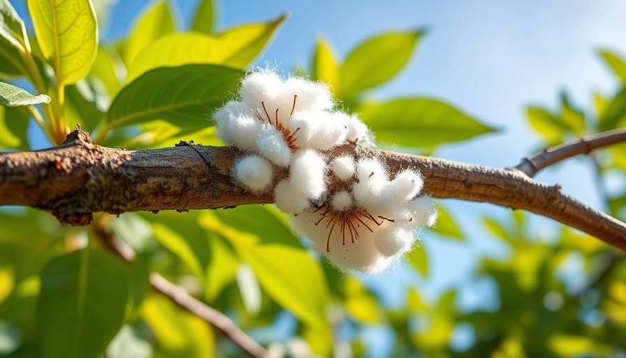 Close-up of tree branch with woolly aphids under bright daylight.