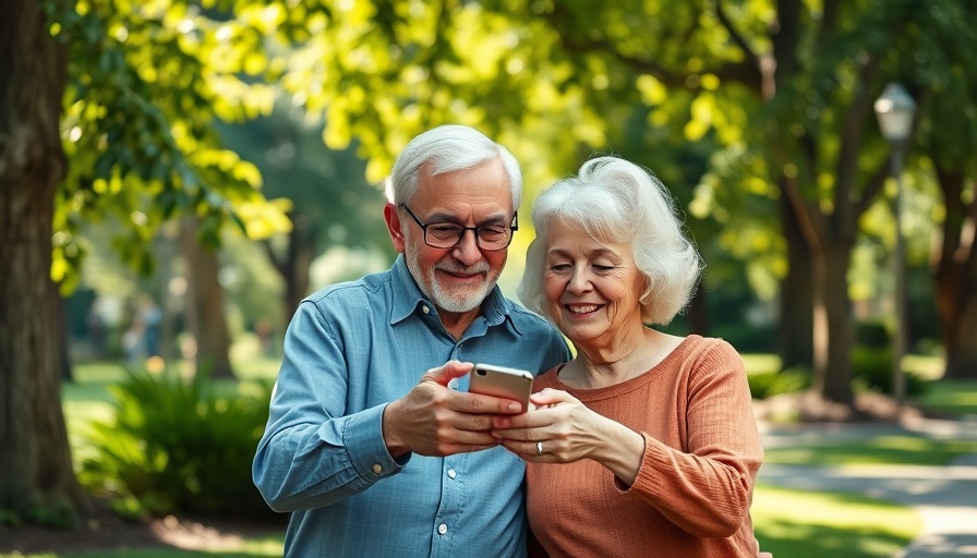 Senior couple in park using smartphone, illustrating senior living communities