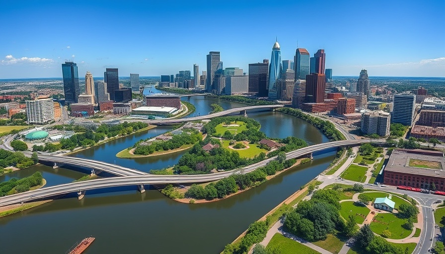 Aerial view of Minneapolis highlights city and river, showcasing living in Minnesota pros and cons.