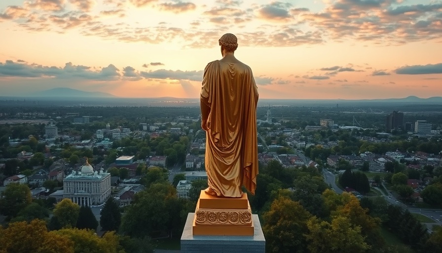 Golden statue overlooking Salem, OR cityscape at sunset, homes for sale in Salem, OR.