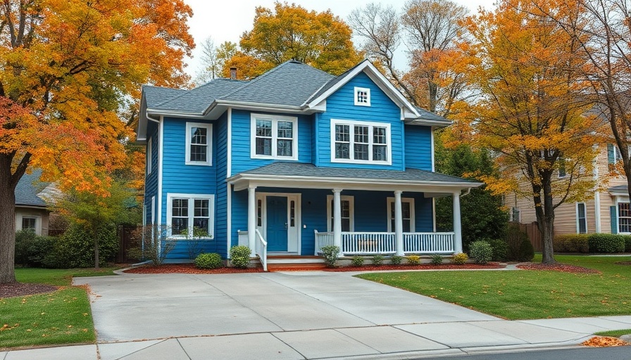 Charming home for sale in Medford, Oregon, with blue exterior and yellow door.