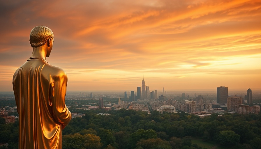 Golden statue overlooking Salem skyline at twilight, iconic view.