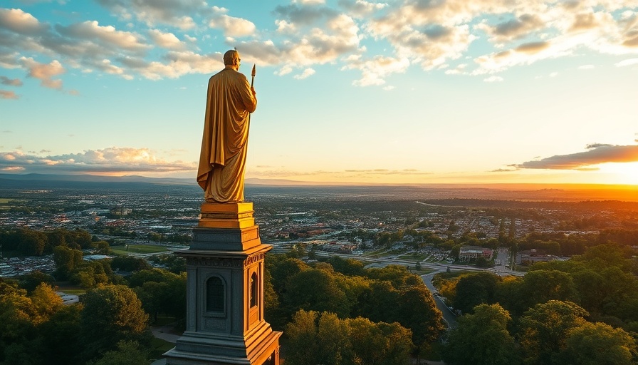 Golden statue overlooking Salem, Oregon at sunset.