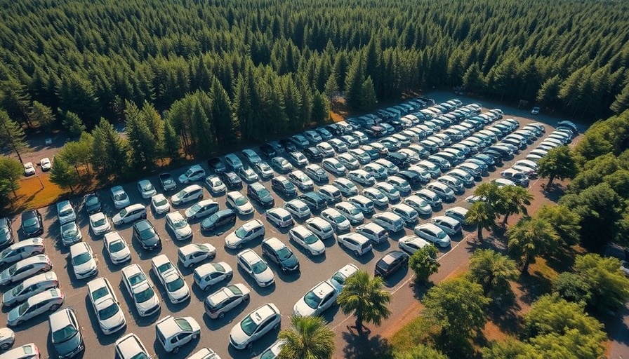 Aerial view of a car lot with rows of white cars, duty-free treatment theme.