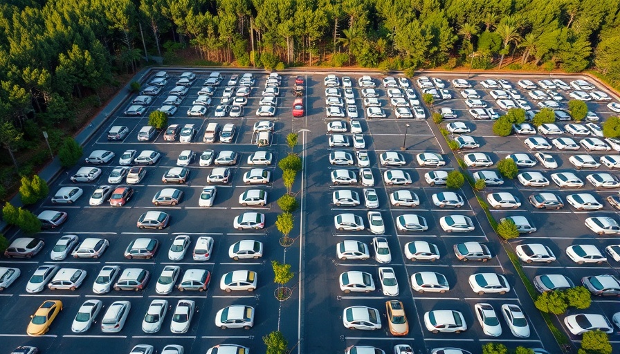 Aerial view of parking lot filled with white cars, natural setting.