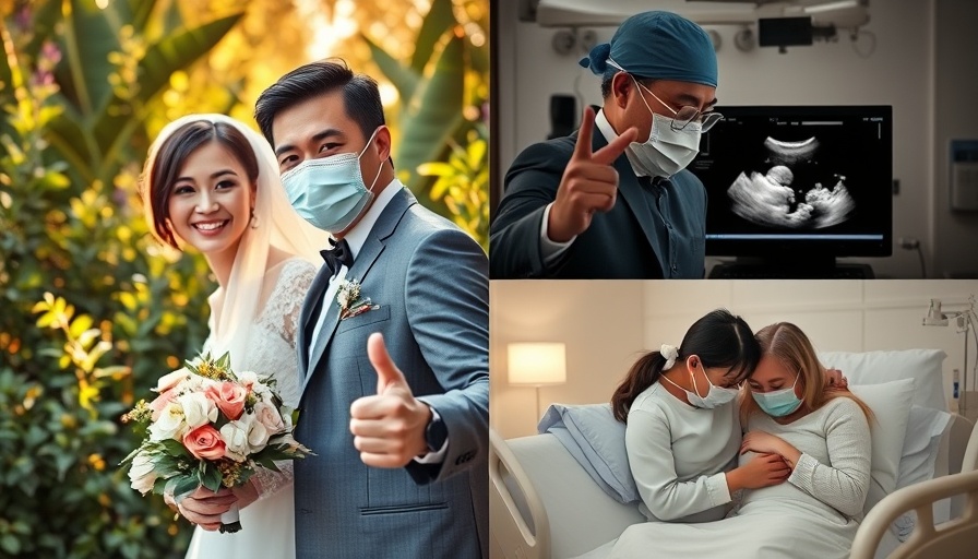 Collage of couple's wedding, hospital scenes, and ultrasound.