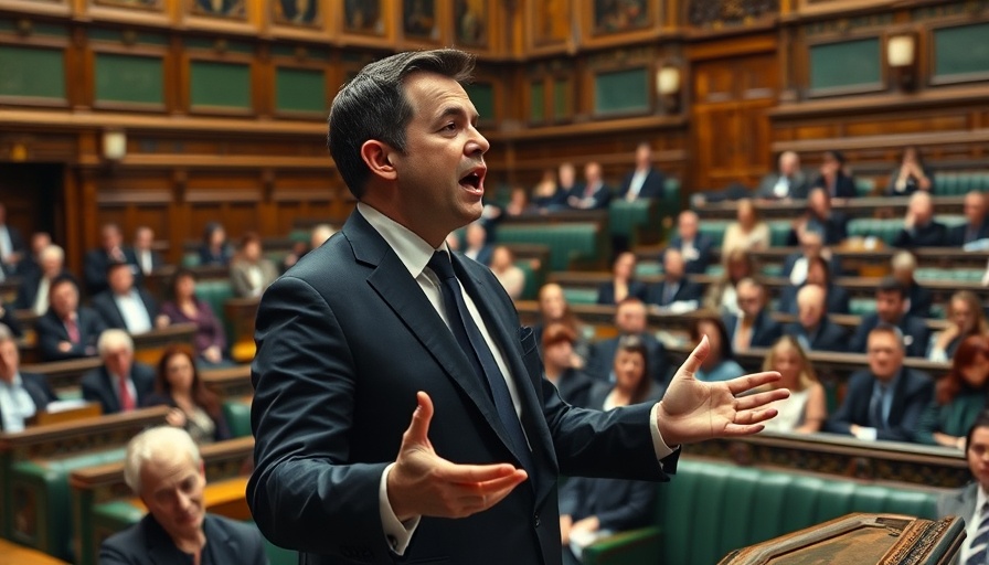 Politician addressing parliament on tariffs on UK exports, engaged audience.