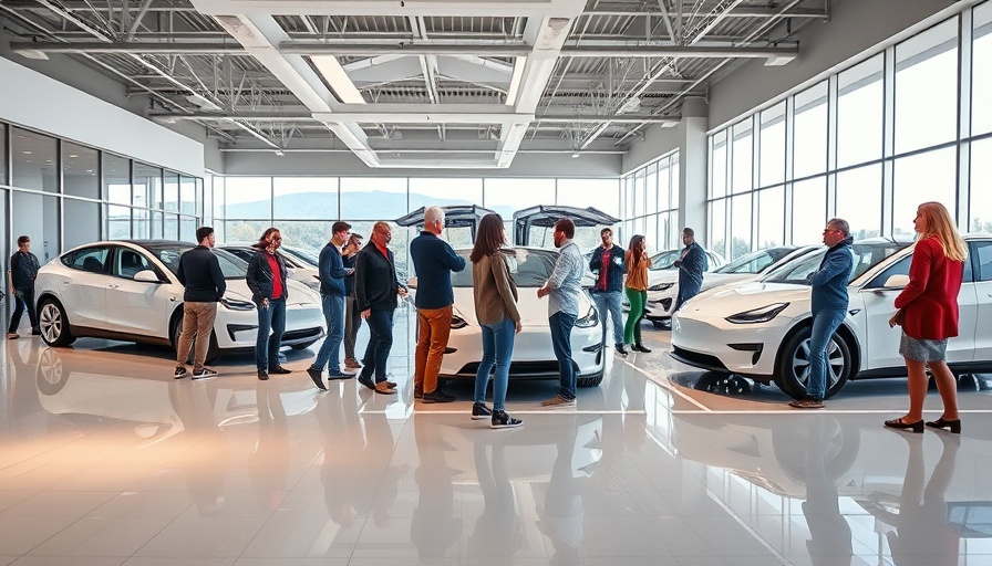 Customers inspecting Tesla vehicles in a showroom amidst delivery decline impacts.