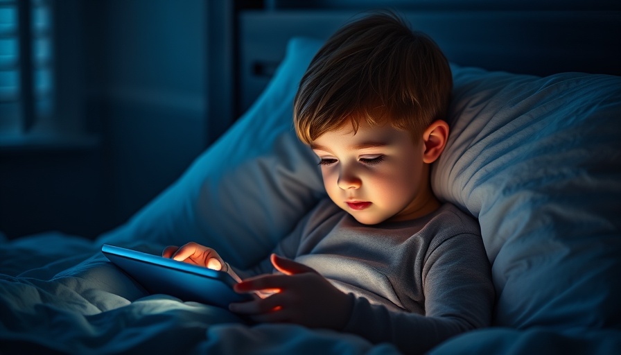 Young child using tablet in bed at night, modern parenting effects on mental health.
