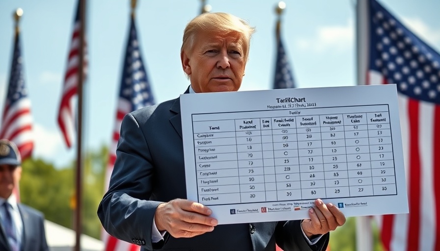Prominent figure presenting reciprocal tariffs chart; American flag background.