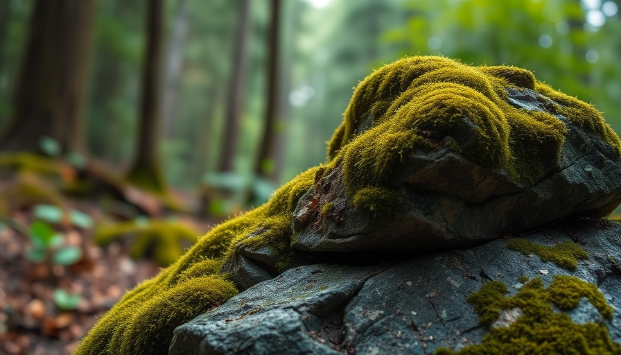Moss-covered boulder with automated 3D tagging technology in forest.