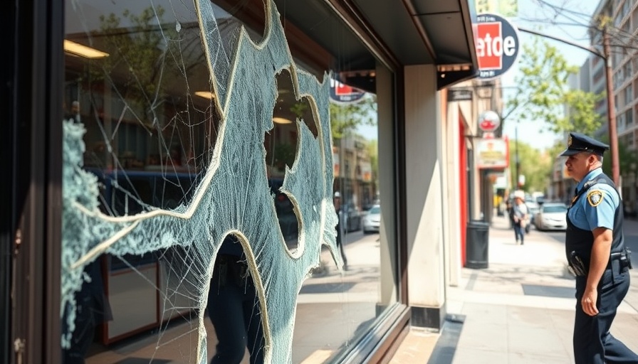 Cracked store window and police officer, local news today scene.
