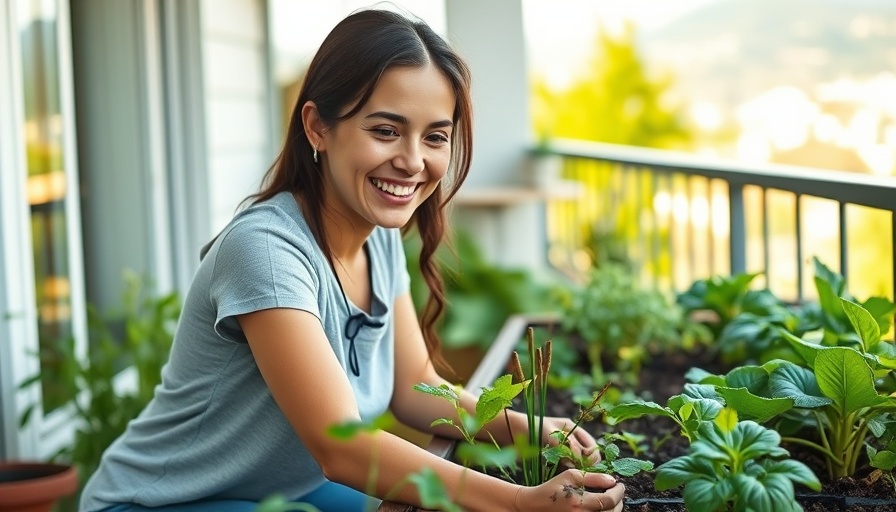 Woman tending raised garden bed on apartment balcony