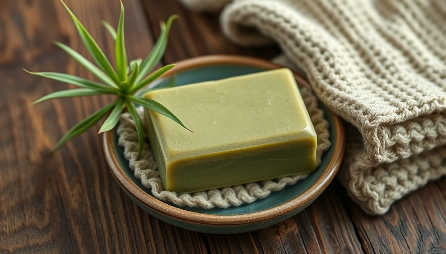 Matcha green tea soap bar on a rustic dish with knit cloth