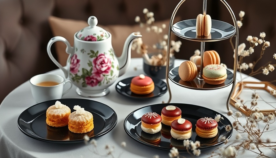 Elegant high tea setup with teapot and pastries, high tea party ideas.