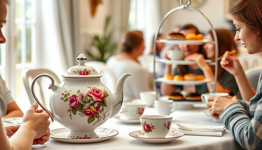 High tea party ideas with floral teapot and desserts.