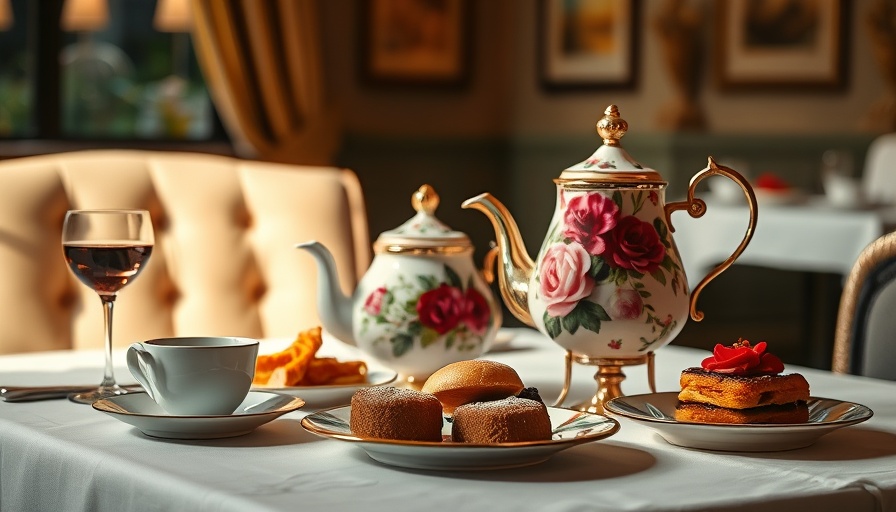 Elegant high tea setup with floral teapot and treats.