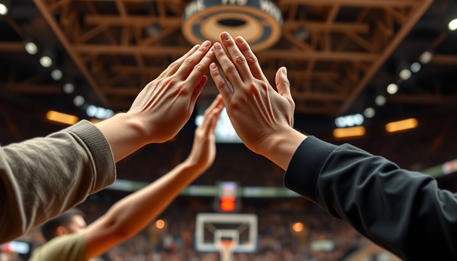 Celebratory high-five in dimly lit sports arena, Milestones in Marin Community.