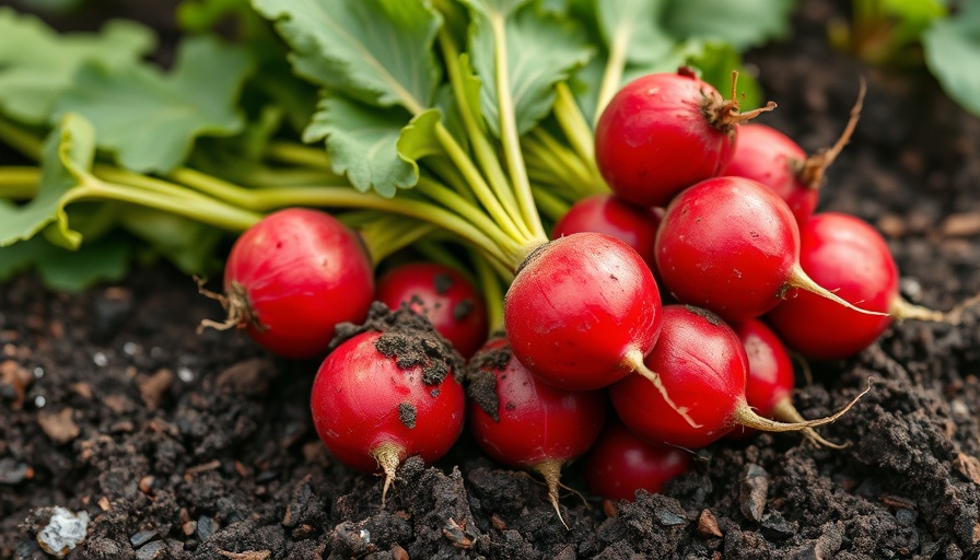 Vividly red harvested radishes in soil, how to harvest radishes.