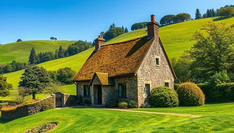 Rustic house with moss roof surrounded by green hills.