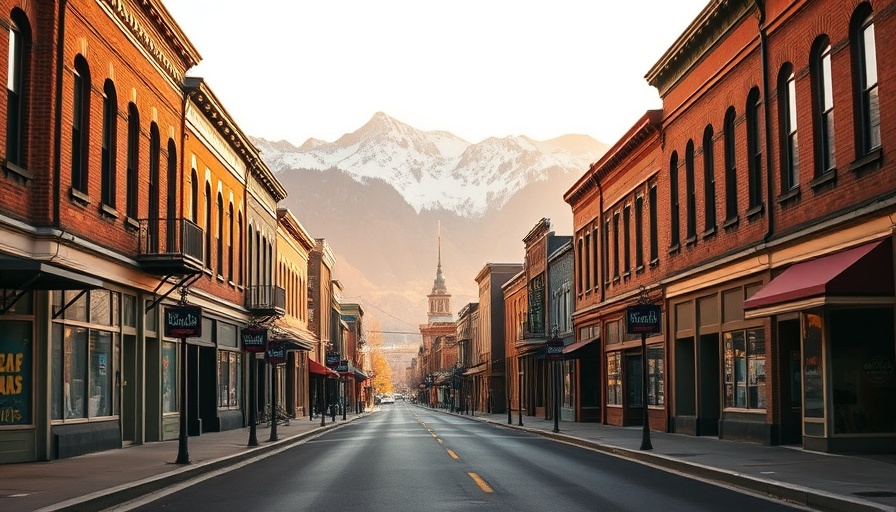 Charming Montana street with mountains and vintage buildings at sunrise