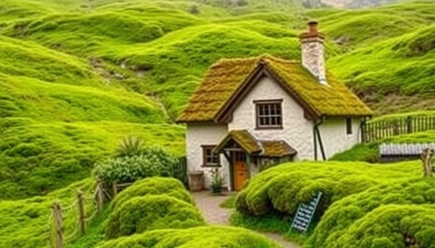 Charming cottage with mossy roof in lush landscape.