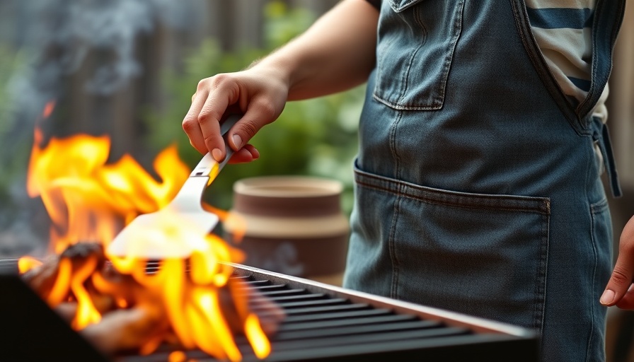 Person grilling with open flames using a spatula, outdoors