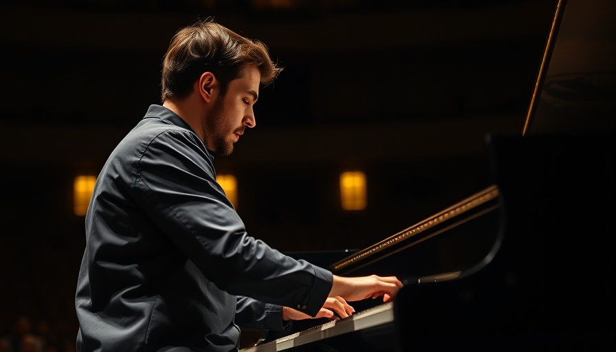 Pianist performing live concert on stage, intense focus.