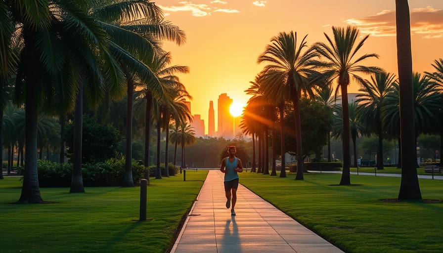 Cities with the best weather in the U.S. shown with palm trees and sunset skyline.