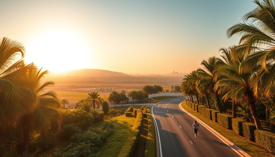 Palm-lined road with jogger and cityscape highlighting cities with the best weather in the U.S.