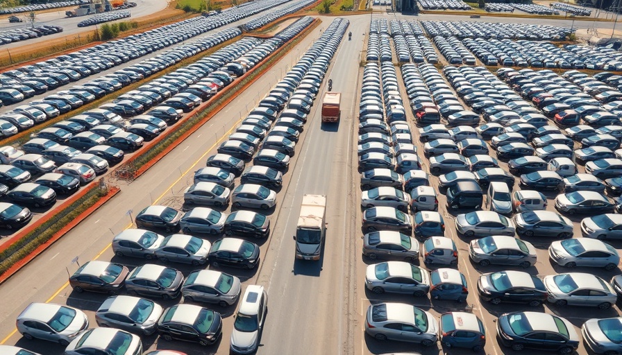 Aerial view of massive car lot, relevant to tariffs on Chinese imports lawsuit.